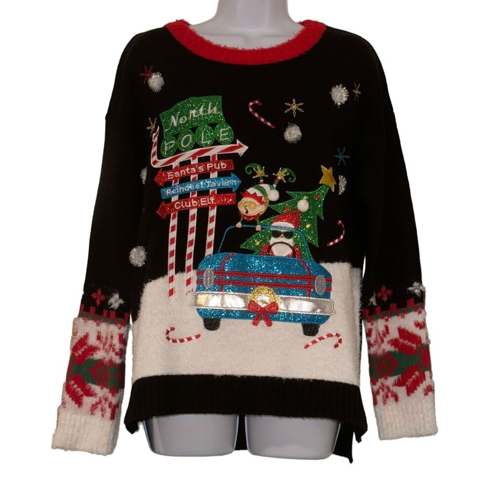 Holiday Time Christmas Sweater Womens L 12 14 Pullover Ugly Funny Santas Pub
